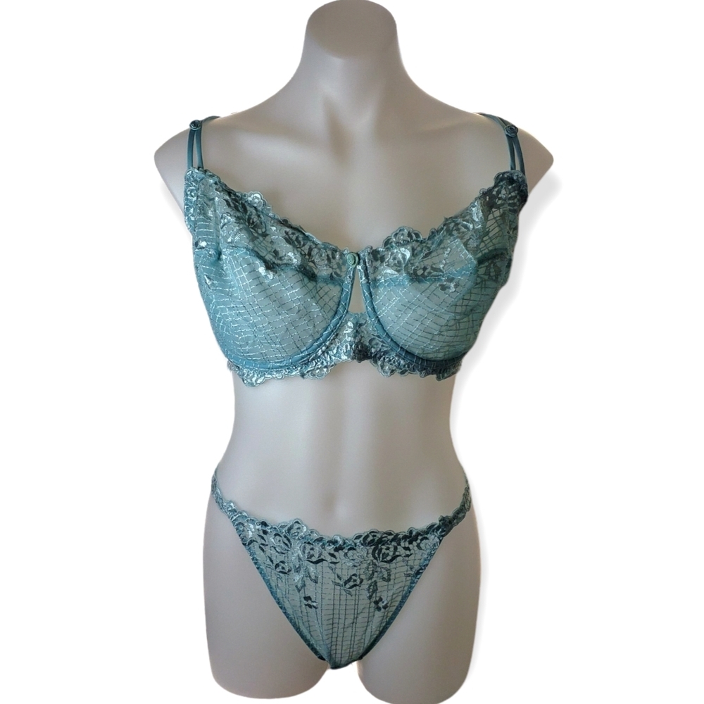 Victoria's Secret Vintage Grid Embroidery Flora Bra 42DD & Matching Panty XXL
